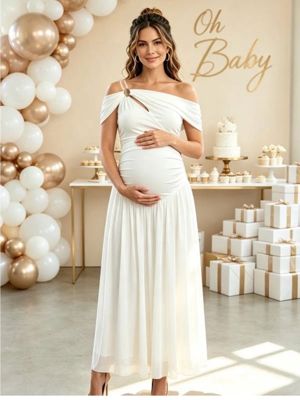 Off-Shoulder White Maternity One-Shoulder Dress